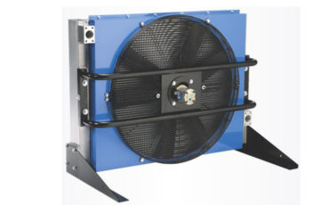 A blue and black fan is on top of the radiator.
